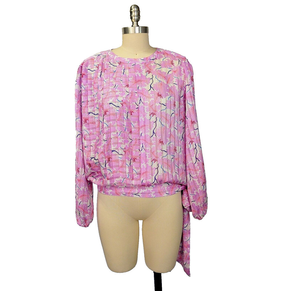 Vintage 80s Floral Blouse Size M Purple Georgette Bow Glam Long Sleeve Metallic